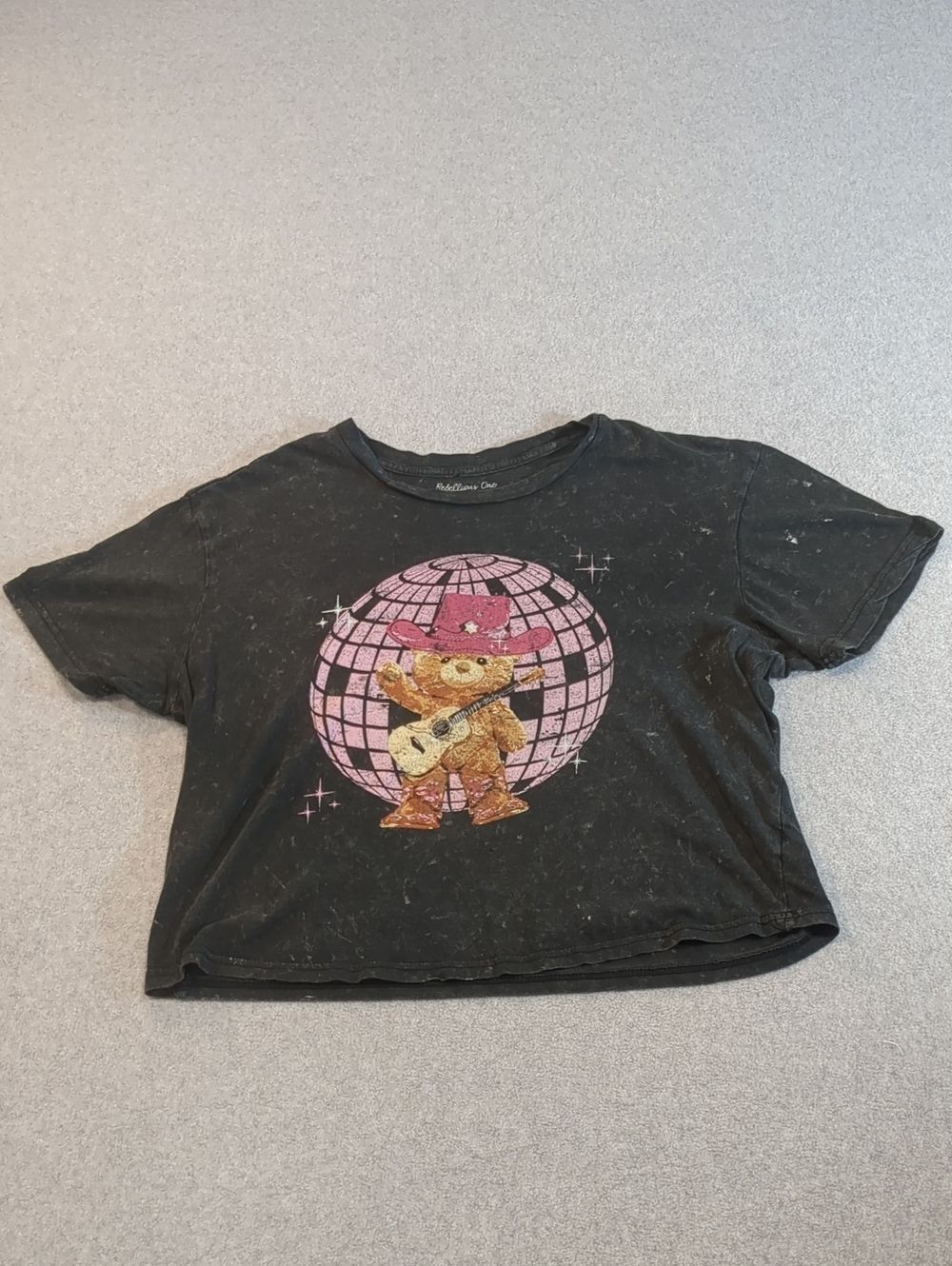 Rebellious One "Disco Cowgirl Bear"-Distressed Acid Wash Graphic Crop Tee Size M